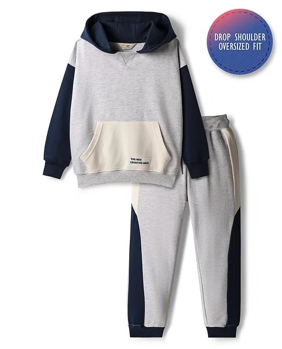 Primo Gino Cotton Knit French Terry Oversized Drop Shoulder Full Sleeves Hooded Sweatshirt with Color Block Design & Jogger Set- Light Grey & Navy Blue